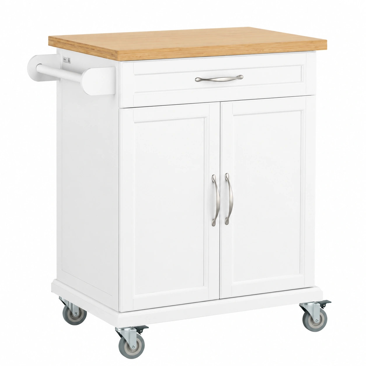 Carrito de Cocina con Ruedas y Encimera de Bambú, Almacenamiento con Cajón y Armario, Isla Auxiliar para Cocina, 84x46x91 cm, SoBuy