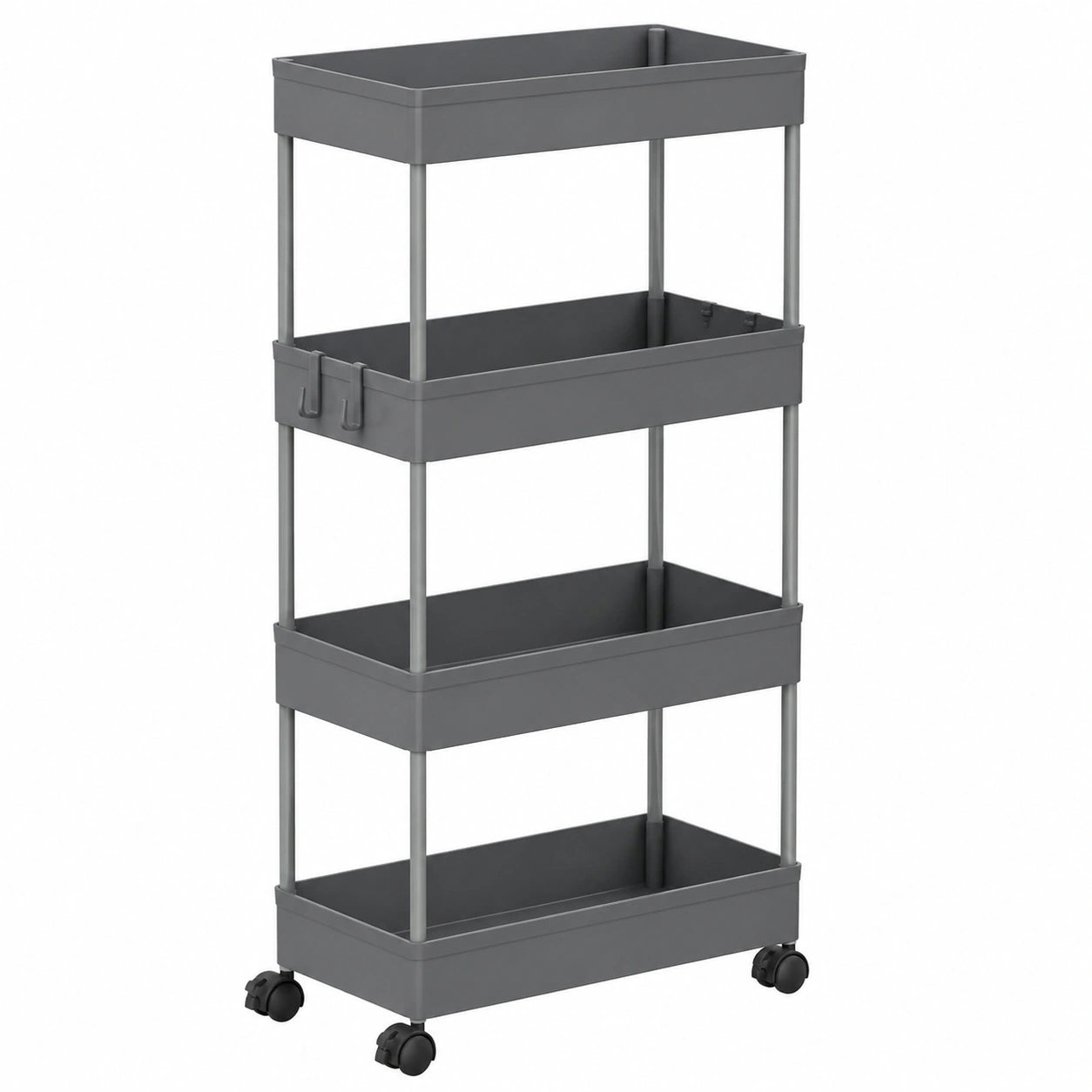 Carrito de Almacenamiento con Ruedas, 4 Niveles y Ganchos, para Cocina, Baño y Lavandería, 39x20,5x84 cm, Gris