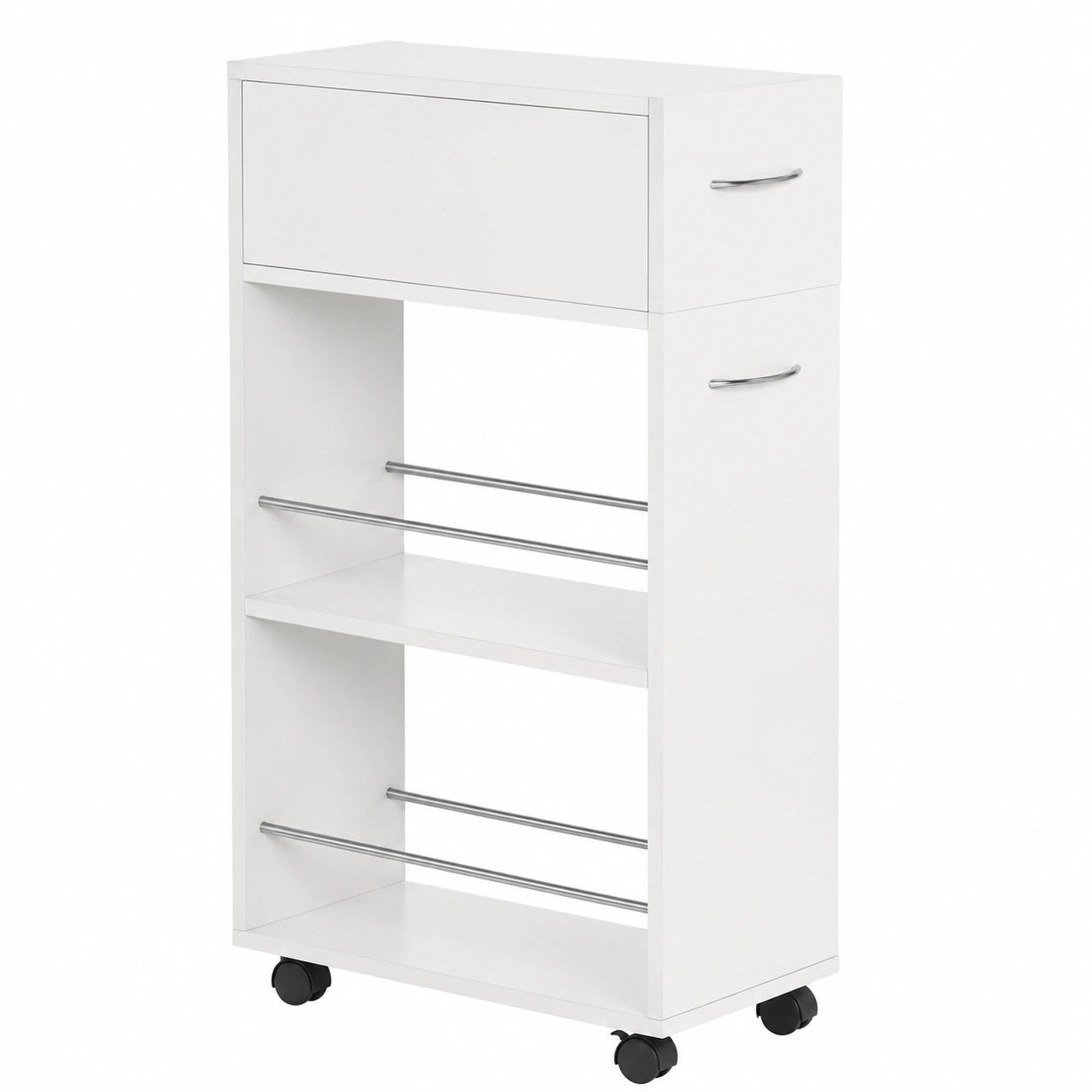 HOMCOM Carro de Cocina con Cajón y Estantes Abiertos, Carrito Auxiliar con Ruedas para Comedor, Salón o Baño, 25x50x85 cm, Blanco