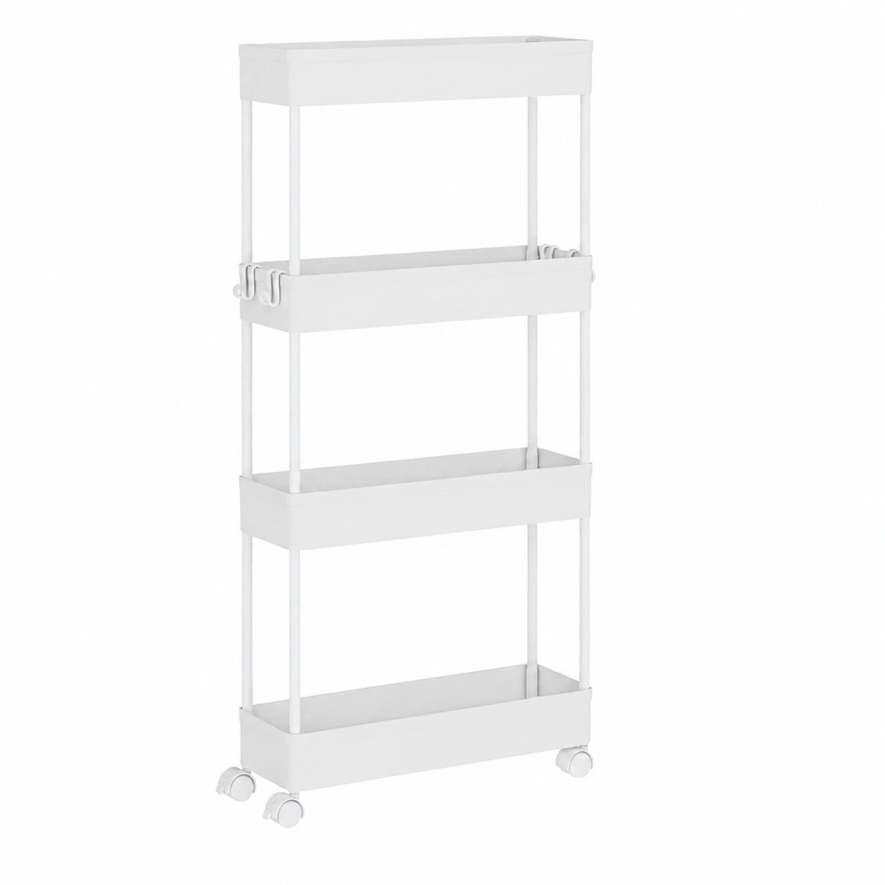 Carrito Estrecho con Ruedas de 5 Niveles para Cocina, Baño y Lavandería, con 4 Ganchos, 39x12,5x107,5 cm, Blanco