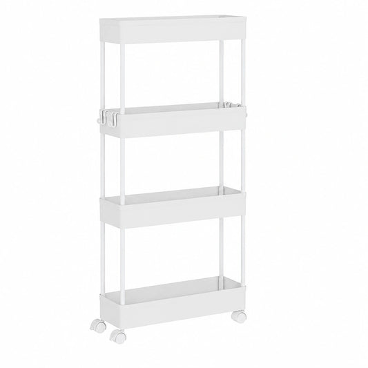 Carrito Estrecho con Ruedas de 5 Niveles para Cocina, Baño y Lavandería, con 4 Ganchos, 39x12,5x107,5 cm, Blanco