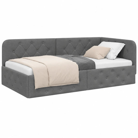 Cama Esquinera de Tela Gris 90x190 cm, Diseño Minimalista y Ahorro de Espacio