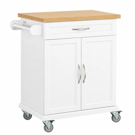 Carrito de Cocina con Ruedas y Encimera de Bambú, Almacenamiento con Cajón y Armario, Isla Auxiliar para Cocina, 84x46x91 cm, SoBuy