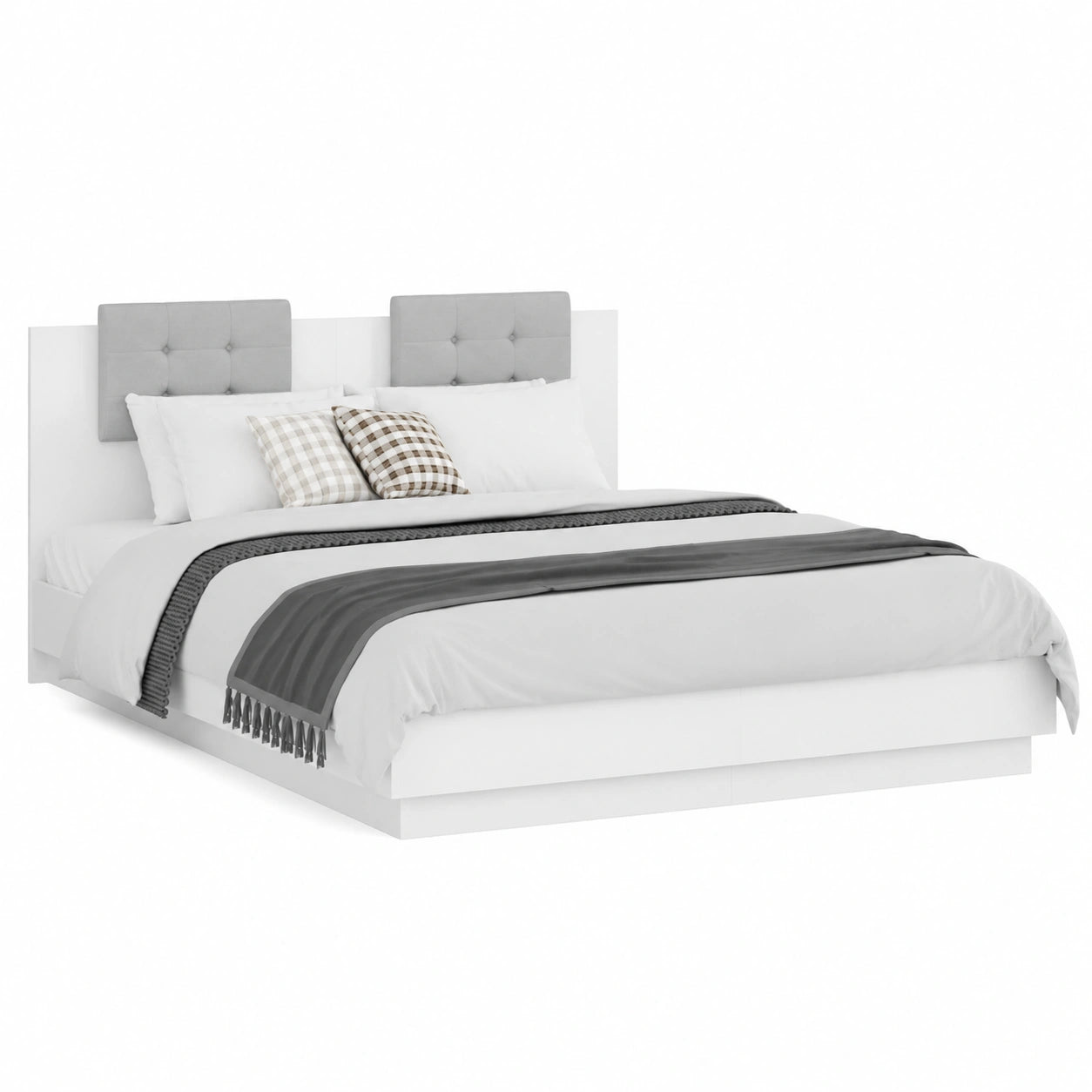Cama Matrimonial Moderna 150x200 cm con Cabecero Tapizado y Somier de Madera Blanco