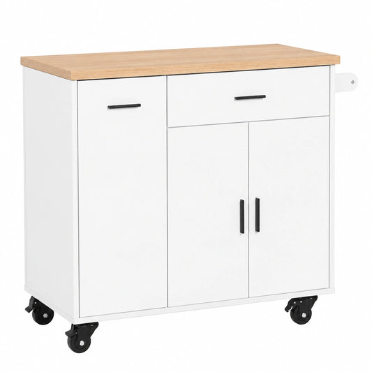 Carrito de Cocina Isla con Ruedas, Mueble Auxiliar Blanco con Barra y Almacenaje 105×46×92 cm