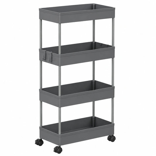 Carrito de Almacenamiento con Ruedas, 4 Niveles y Ganchos, para Cocina, Baño y Lavandería, 39x20,5x84 cm, Gris