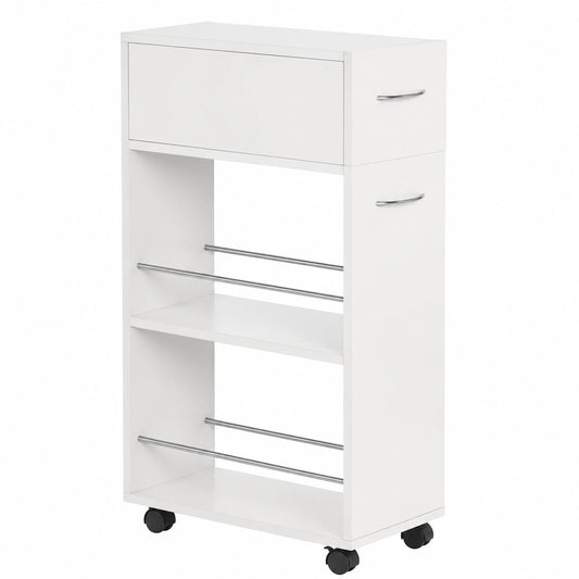HOMCOM Carro de Cocina con Cajón y Estantes Abiertos, Carrito Auxiliar con Ruedas para Comedor, Salón o Baño, 25x50x85 cm, Blanco